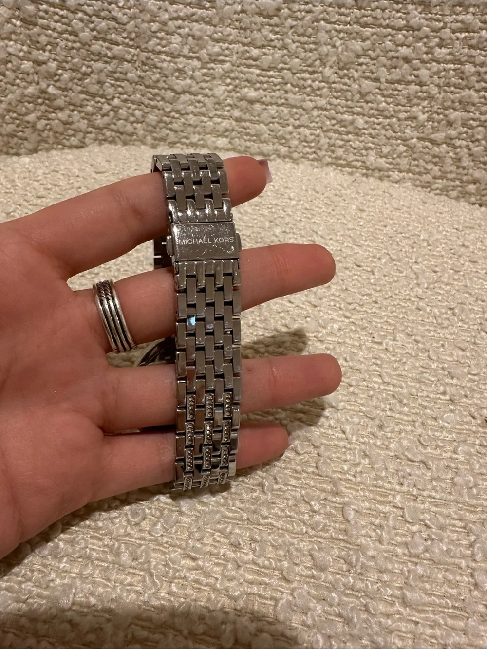 Michael Kors Silver Bracelet Watch with Rose Gold Face and Crystal Bezel